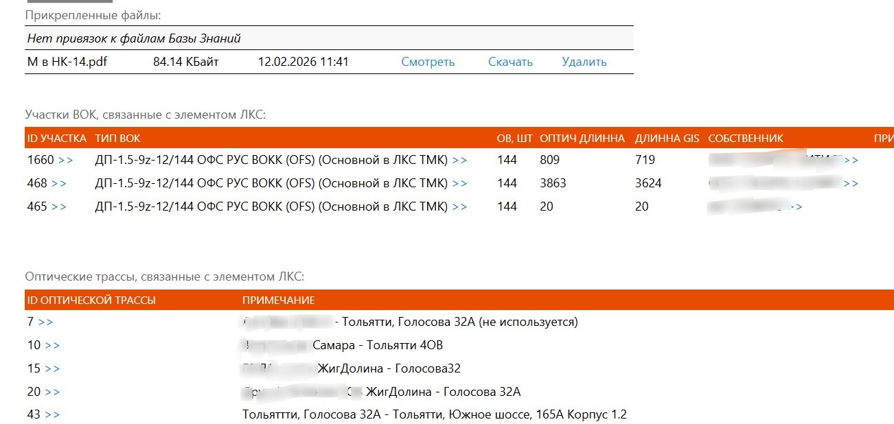 Отображение оптических трасс на карточке элемента ЛКС